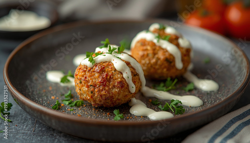 A delicious Lebanese kibbeh croquettes served with creamy yogurt sauce in a refined Middle Eastern presentation