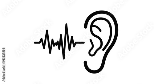 Simple black and white icon representing sound waves entering a human ear illustrating the concept of hearing and audio perception clearly.