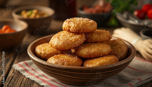 A delicious Kazakh baursak fried dough pieces presented in a warm and inviting traditional setting