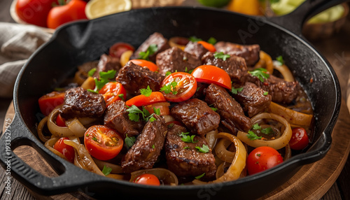 A delicious Peruvian lomo saltado with tender beef, tomatoes and onions in a warm rustic presentation