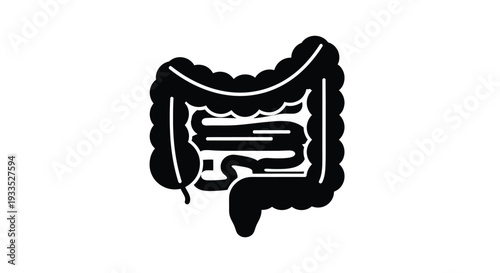 Simple black and white graphic icon representing the human large and small intestines with internal detail for medical concepts.
