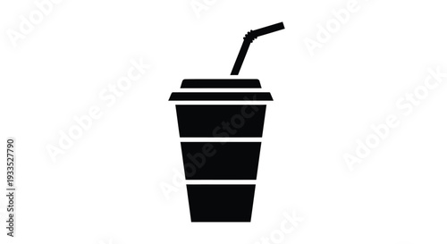 Stylized black silhouette graphic of a disposable beverage cup with a lid and a bent straw, ideal for minimalist designs, drink menus, refreshment symbols, and fast food illustrations.