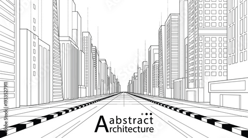 Abstract black and white vector city street perspective with skyscraper buildings technical wireframe architecture and urban cityscape background