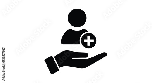 Black silhouette icon illustrating an open hand holding a person symbol with a plus sign, signifying concepts such as adding a user, customer service, or community support.