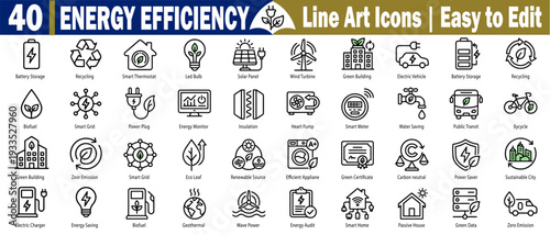 Energy efficiency line art icons. Easy to edit with battery storage, recycling smart thermostat led bulb, and solar panel symbols vector illustration.