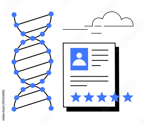 DNA strand next to profile document with star ratings and cloud elements for genetics, data analysis, identity verification. Ideal for healthcare, recruitment, technology, research, biology, reviews