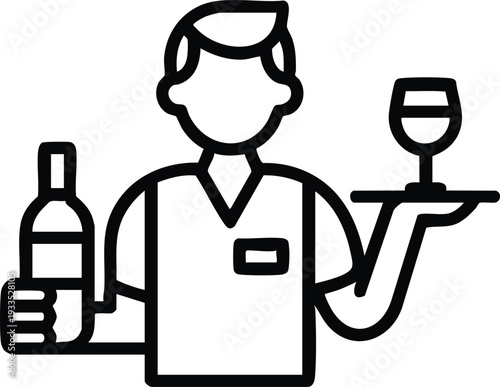 Professional Waiter with Wine Service Icon, vector, illustration, silhouette.