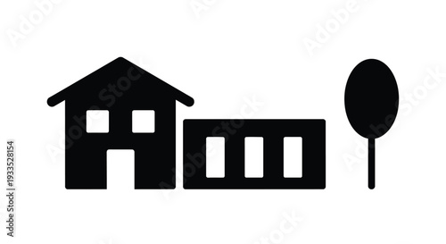 Simple black silhouette icon representing a residential home structure with an attached building and a stylized tree icon.
