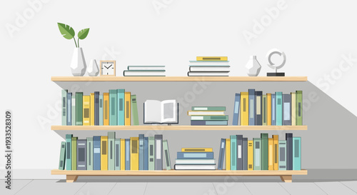 Bookshelf with Books and Decorative Items.