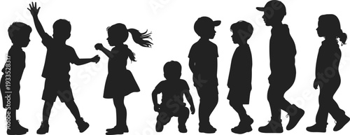 WebChildren silhouette, diverse kids, playful poses, childhood vector, group illustration, educational design, youth art, lifestyle concept, family representation