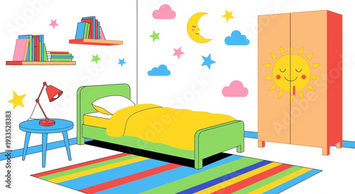 Colorful Childrens Bedroom with Bed and Wardrobe.