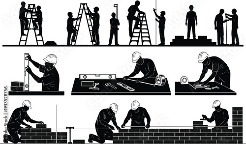 Black silhouettes of construction workers building brick walls using ladders measuring tools and levels for industrial masonry and renovation projects