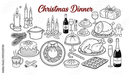 Hand-drawn black and white vector illustration set for Christmas dinner featuring turkey, holiday desserts, candles, and decorations