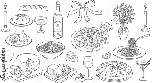 Hand-drawn black vector illustration set of romantic dinner icons including pizza, pasta, wine, roses, and candlelight