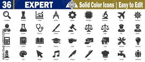 Expert icon set. Featuring of energy efficiency, modern flat design symbol concept for web and apps, renewable energy generation, wind power, clean electricity technology vector illustration.