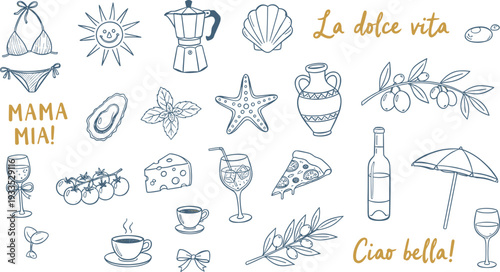 Hand-drawn blue and gold vector Italian seaside set featuring summer beach icons, Mediterranean food, and cultural typography