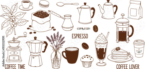 Hand-drawn dark brown vector illustration set of coffee brewing equipment, espresso machines, beans, and cafe dessert treats