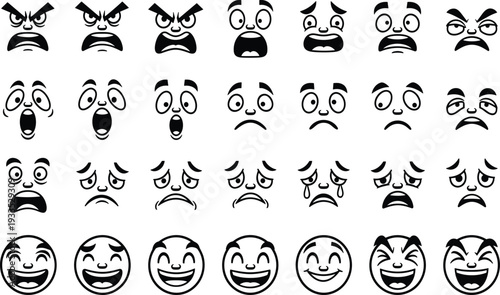 Large collection of cartoon character face icons showing diverse emotions including happy sad angry surprised and crying expressions isolated vector set