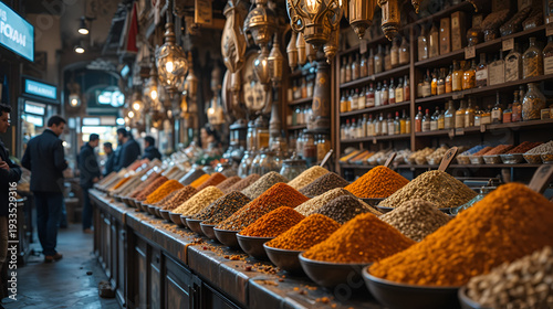 bazaar in istanbul with a wide view of spices on the counter. ai generative