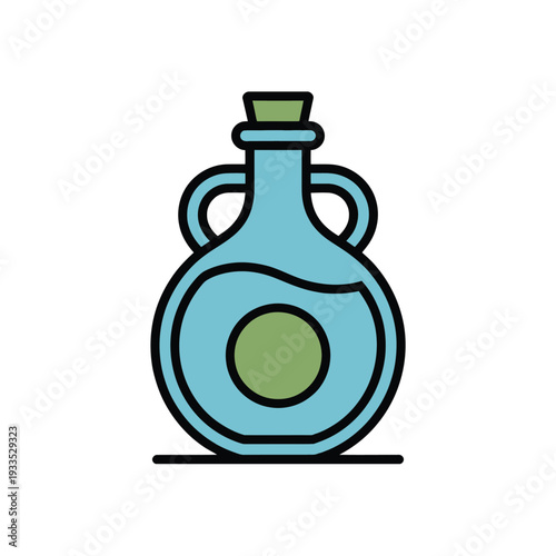 A light blue glass bottle with two handles contains a liquid and a circular element.