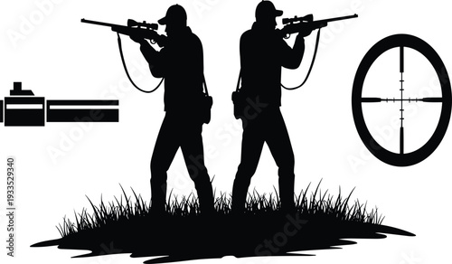 Black silhouettes of hunters with rifles and sniper scopes standing in tall grass for hunting sport and outdoor adventure themes