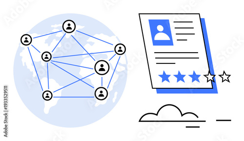 Interconnected profiles across the globe with highlighted user profile and star ratings. Ideal for networking, teamwork, recruitment, evaluation, feedback, reputation building, and social platforms