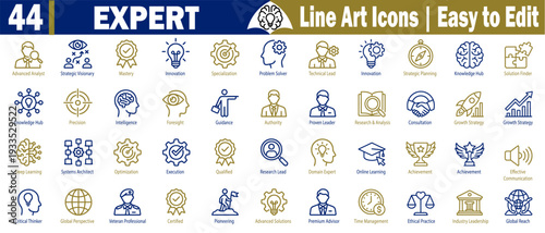 Expert line art icons. For business innovation strategy, collaboration handshake growth strategy, and teamwork vector illustration.