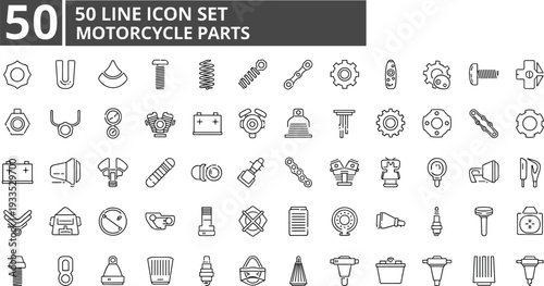 Professional 50 black vector line icon set for motorcycle parts, mechanical engineering, automotive repair, and industrial hardware