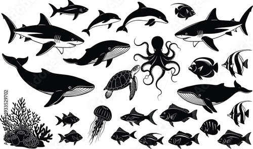 Large set of black marine animal silhouettes including sharks whales dolphins octopus sea turtle jellyfish and tropical fish isolated on white