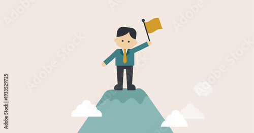 目標達成 成功 ビジネス イメージ 山頂で旗を掲げる男性 キャリアアップ 成長 コンセプト ベクターイラスト｜やさしいビジネスイメージ