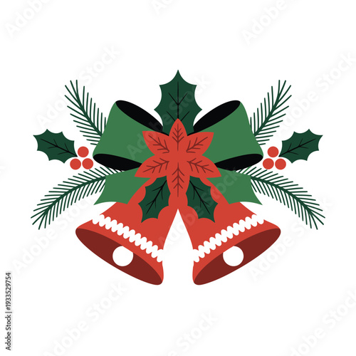 Christmas bells decorated with holly, poinsettias, and evergreen branches.