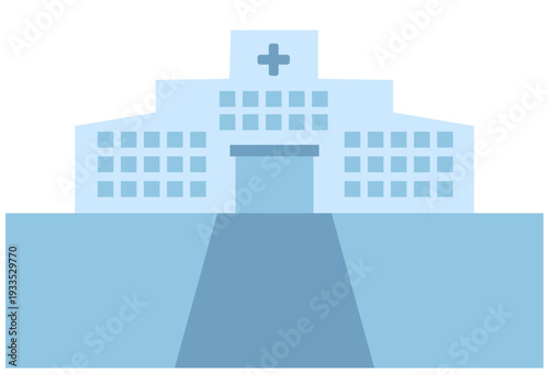 Hospital building exterior illustration with medical cross, flat design for healthcare services, clinic guidance, emergency care, public health materials, hospital directories, and medical institution