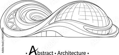 Professional black vector architecture illustration of futuristic parametric pavilion with fluid biomorphic infinity curves and geodesic dome