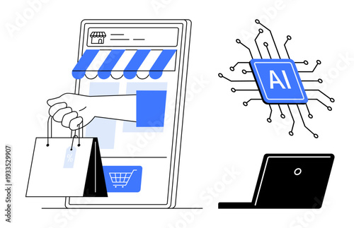 E-commerce, artificial intelligence, technology trends, digital retail, AI-driven shopping, innovation solutions. A mobile app storefront, shopping bags AI chip and laptop. E-commerce