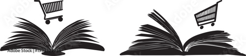 Silhouette of an open book with a Shopping Cart flying out of its pages, clean vector. Set of 2 book with shopping cart icons vector