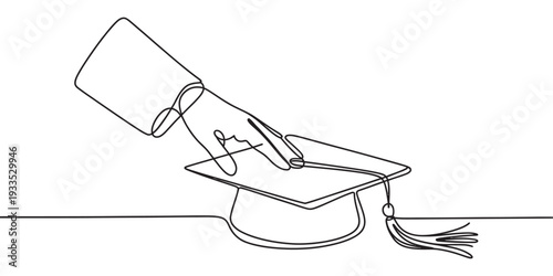 Continuous line drawing of a hand pointing at a graduation cap symbolizing success and education. Vector, illustration