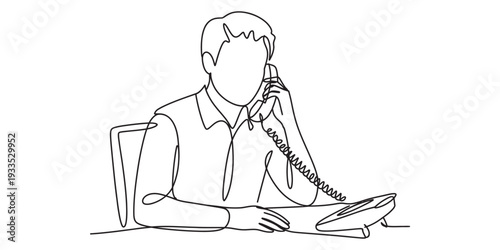 A single line drawing of a man sitting at a desk and talking on a telephone. Vector, illustration
