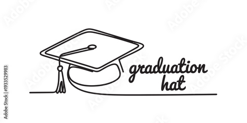 Continuous line drawing of a graduation cap with a tassel and the text graduation hat Vector, illustration