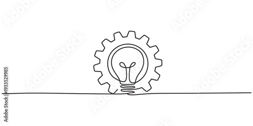 Continuous line drawing of a light bulb inside a gear representing innovation and technology. Vector, illustration