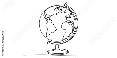 Continuous line drawing of a world globe on its stand showing continents and oceans. Vector, illustration