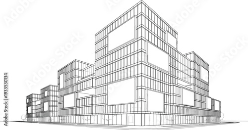 Professional black vector architecture illustration of modular commercial glass building with blank advertising signage and corner perspective