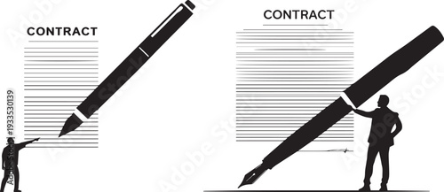 Silhouette of a person pointing a giant Pen at the small print of a generic document. Set of 2 contract signing icons vector