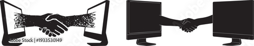 Silhouette of two hands shaking through two different computer screens, clean black lines. Set of 2 handshake computer icons vector