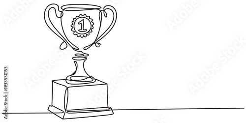 One line drawing of a first place winner trophy cup on a pedestal against a white background. Vector, illustration