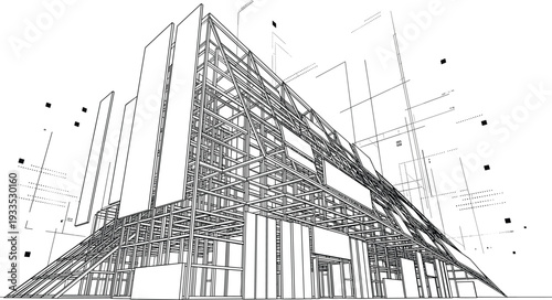 Professional black vector architecture wireframe of modern building structural framework, construction scaffolding, and engineering design blueprint