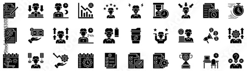 Workaholic icons collection. Vector illustration. Valuation, Burden, Overtime, Chart, Employee, Stress, Time, Pressure, Deadline, Fast. Pro Vector