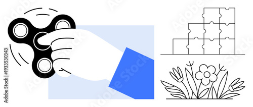 Fidget spinner concept. Fidget spinner symbol for stress relief and focus. Fidget spinner with puzzles and floral designs creativity, relaxation, problem-solving, and leisure. Perfect for mental