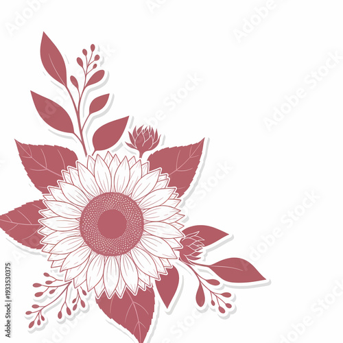 Pink and White Floral Illustration with Leaves.
