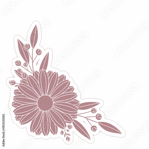Pink Flower Illustration with Leaves and Buds.