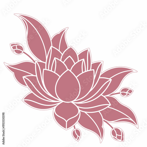 Pink Lotus Flower Illustration with Leaves.